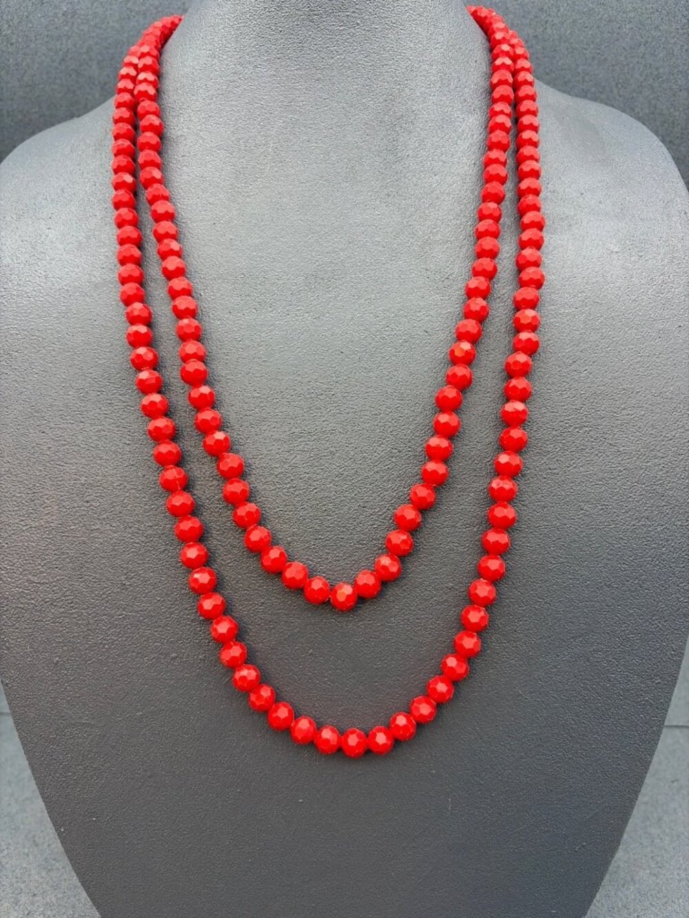 Vintage Beaded Necklace 58 In Long Red Faceted Gold Box Clasp Classic Retro Glam